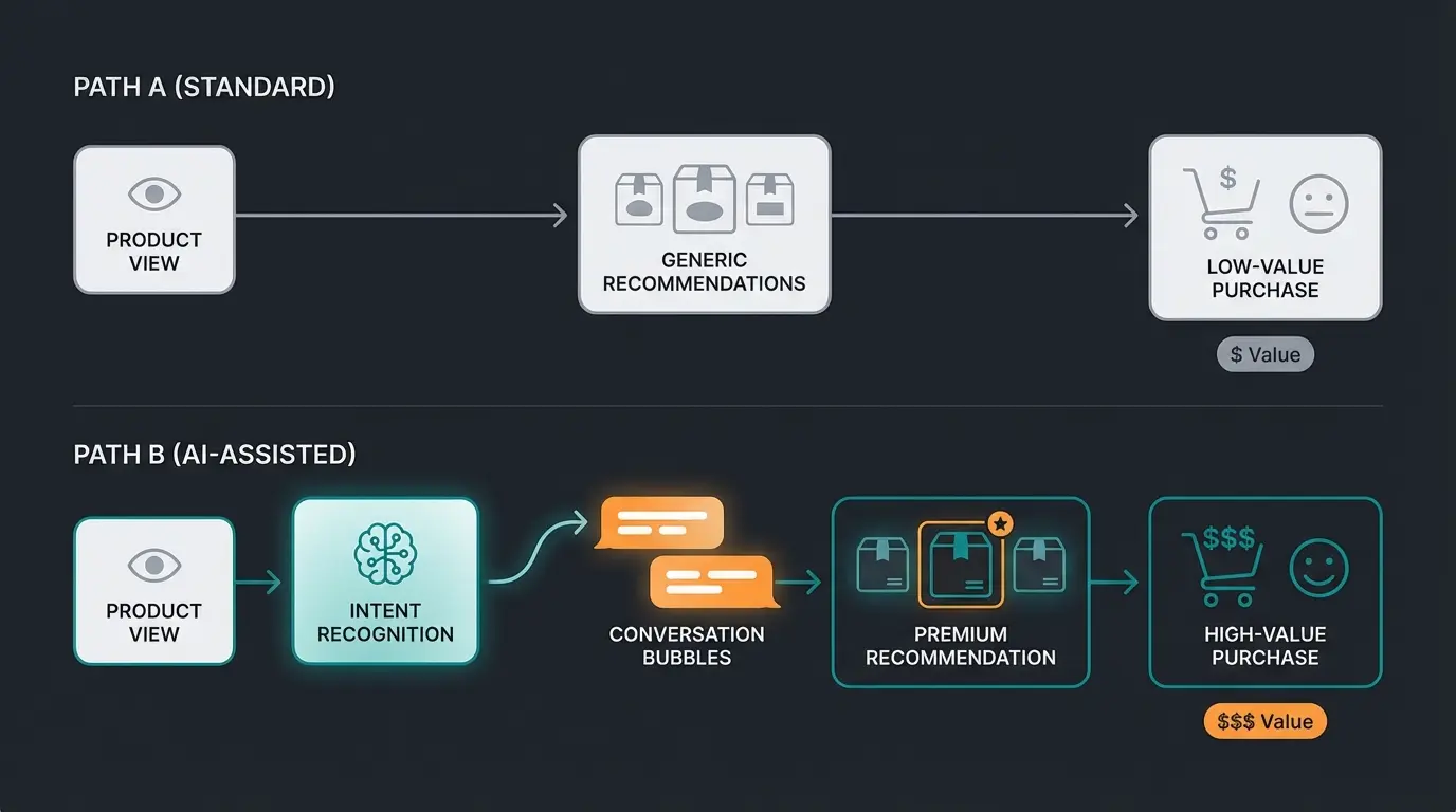 User journey flowchart comparing standard e-commerce path versus AI-assisted consultation path