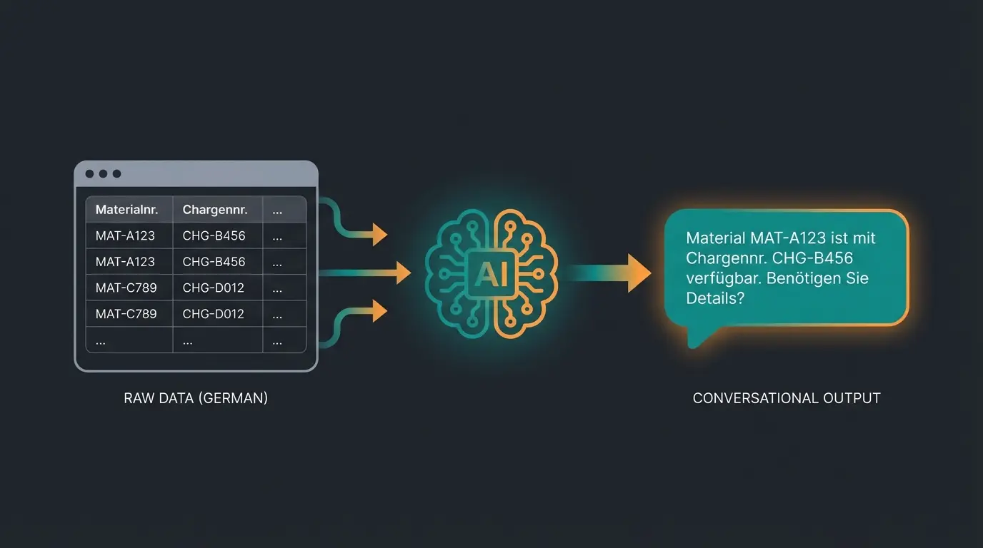 Data mapping visualization showing SAP technical attributes transforming into customer-friendly AI responses
