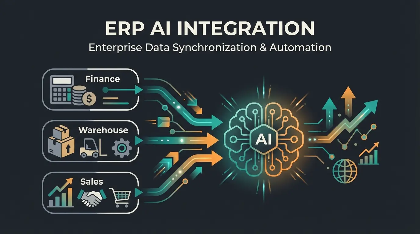 Abstract visualization of ERP system connecting business departments with AI-powered intelligence