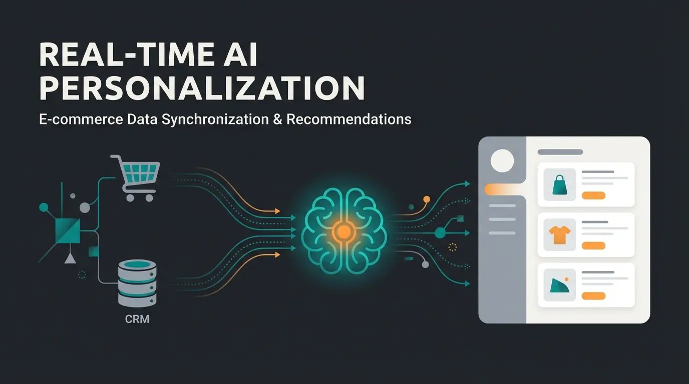 Magento CRM integration data flow visualization with AI brain connecting customer data to personalized sales recommendations