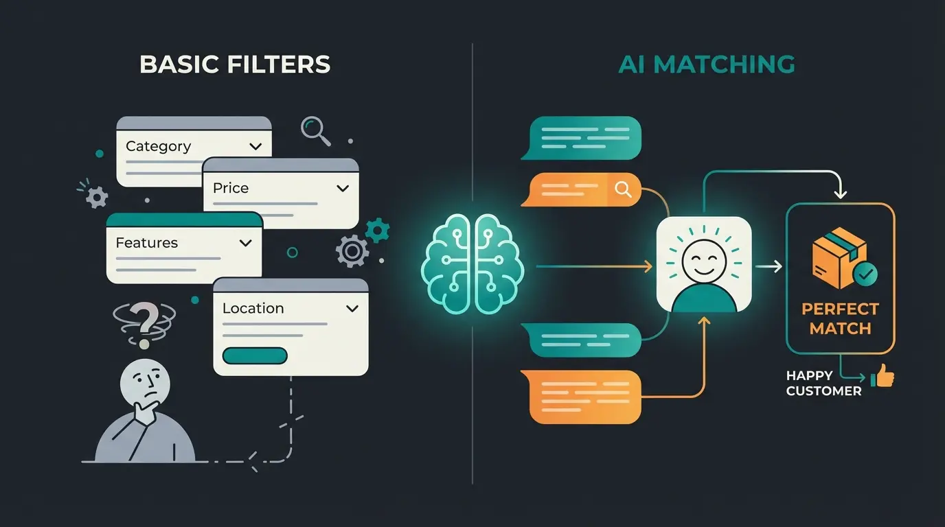 Comparison visualization showing traditional filters versus AI-powered product consultation