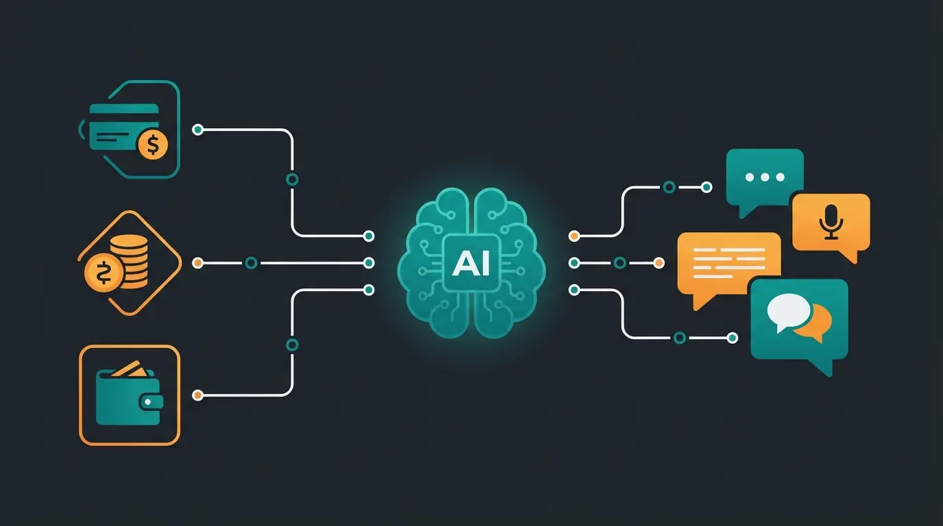 Data flowchart showing Stripe payment data flowing through AI layer to Intercom