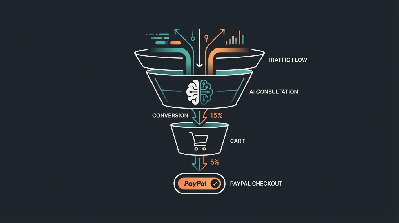 Sales funnel visualization showing AI consultation stage leading to PayPal Express checkout