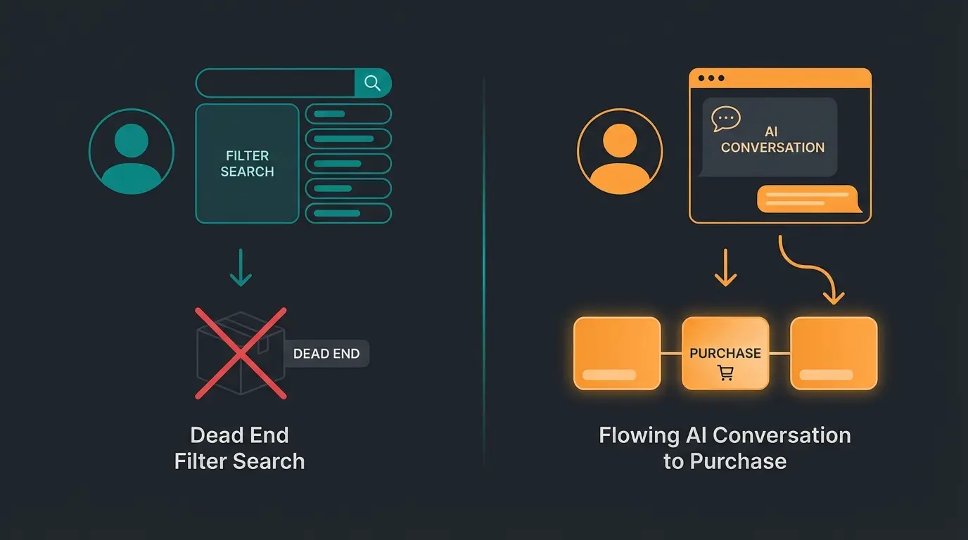 Comparison of traditional catalog search versus AI-guided product consultation funnel