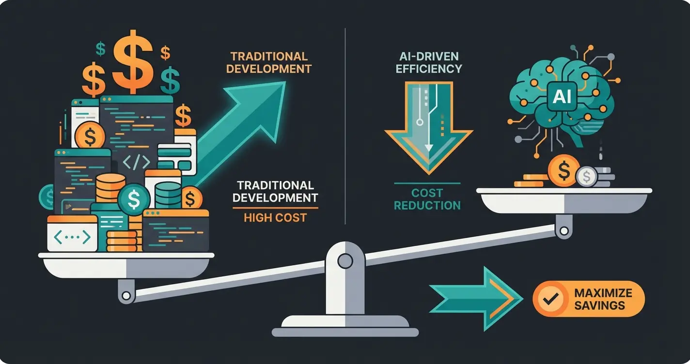 Comparison visualization showing custom development costs versus AI integration costs for e-commerce solutions