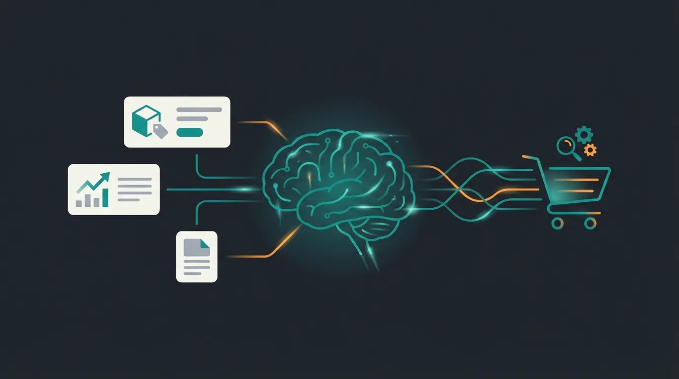 Illustration einer digitalen KI-Beratung im E-Commerce, die verschiedene Produkte analysiert und dem Kunden vorschlägt