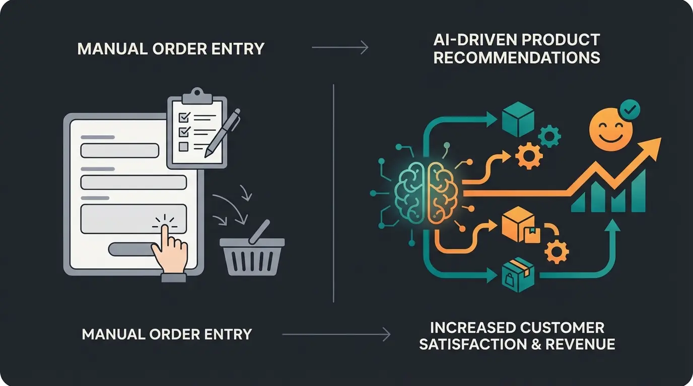 Side-by-side comparison of traditional order entry versus AI-powered intelligent consultation in field sales