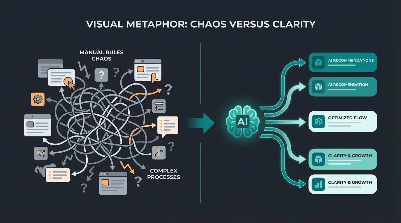 Vergleich zwischen unübersichtlichem Regel-Chaos und sauberer KI-Lösung