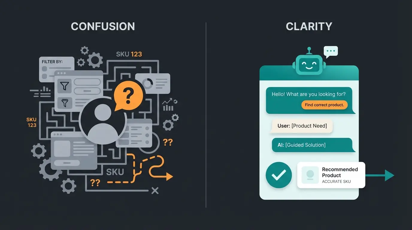 B2B buyer journey showing traditional search confusion versus AI-guided product discovery