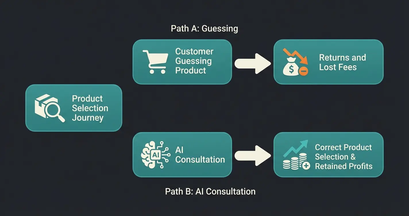 Infographic showing customer journey paths with and without AI consultation affecting return rates