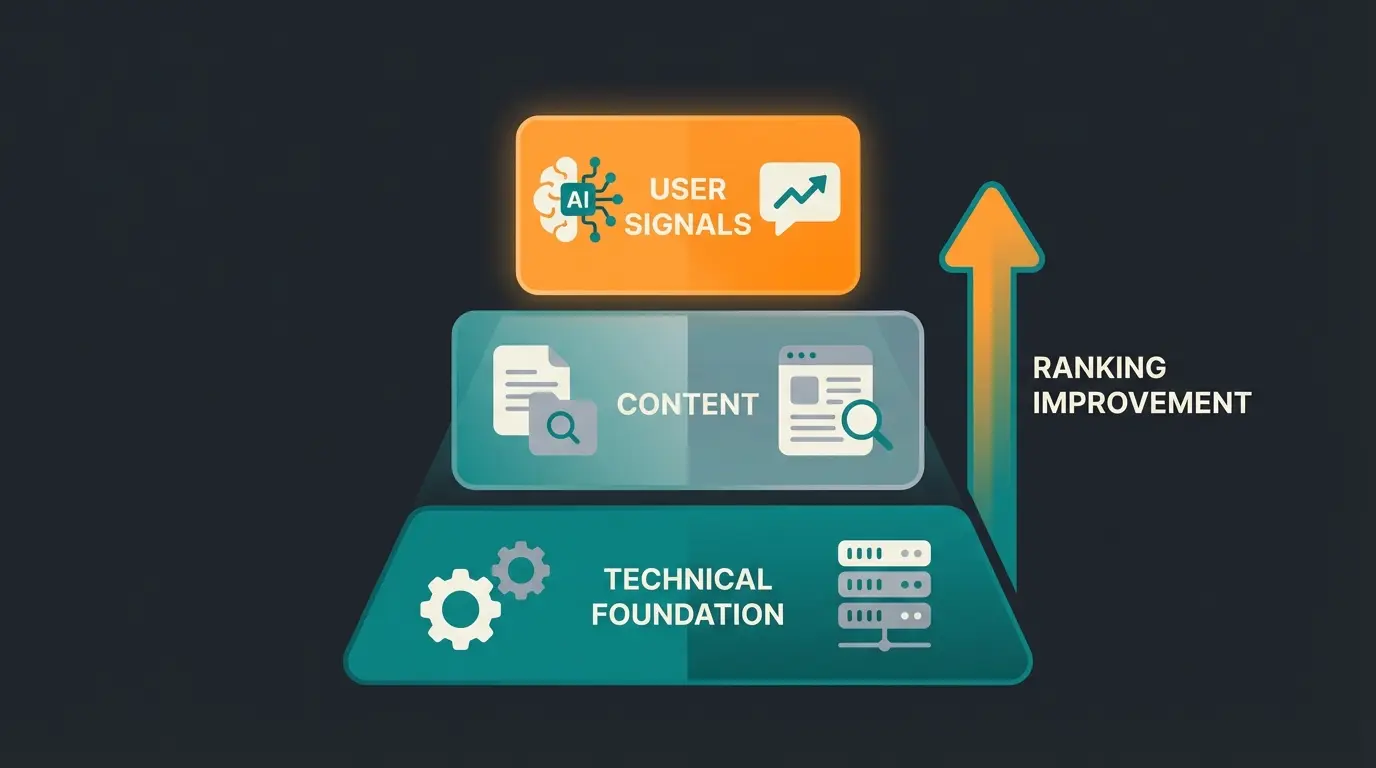Magento SEO pyramid showing technical foundation, content layer, and AI user signals at the top