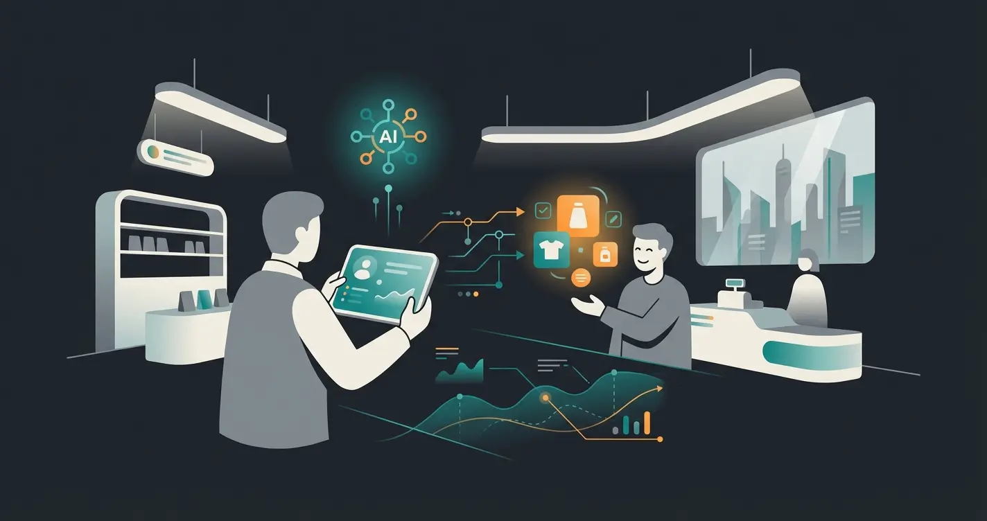 Zukunftsvision: KI-gestützter Verkäufer mit Tablet berät Kunden im Store