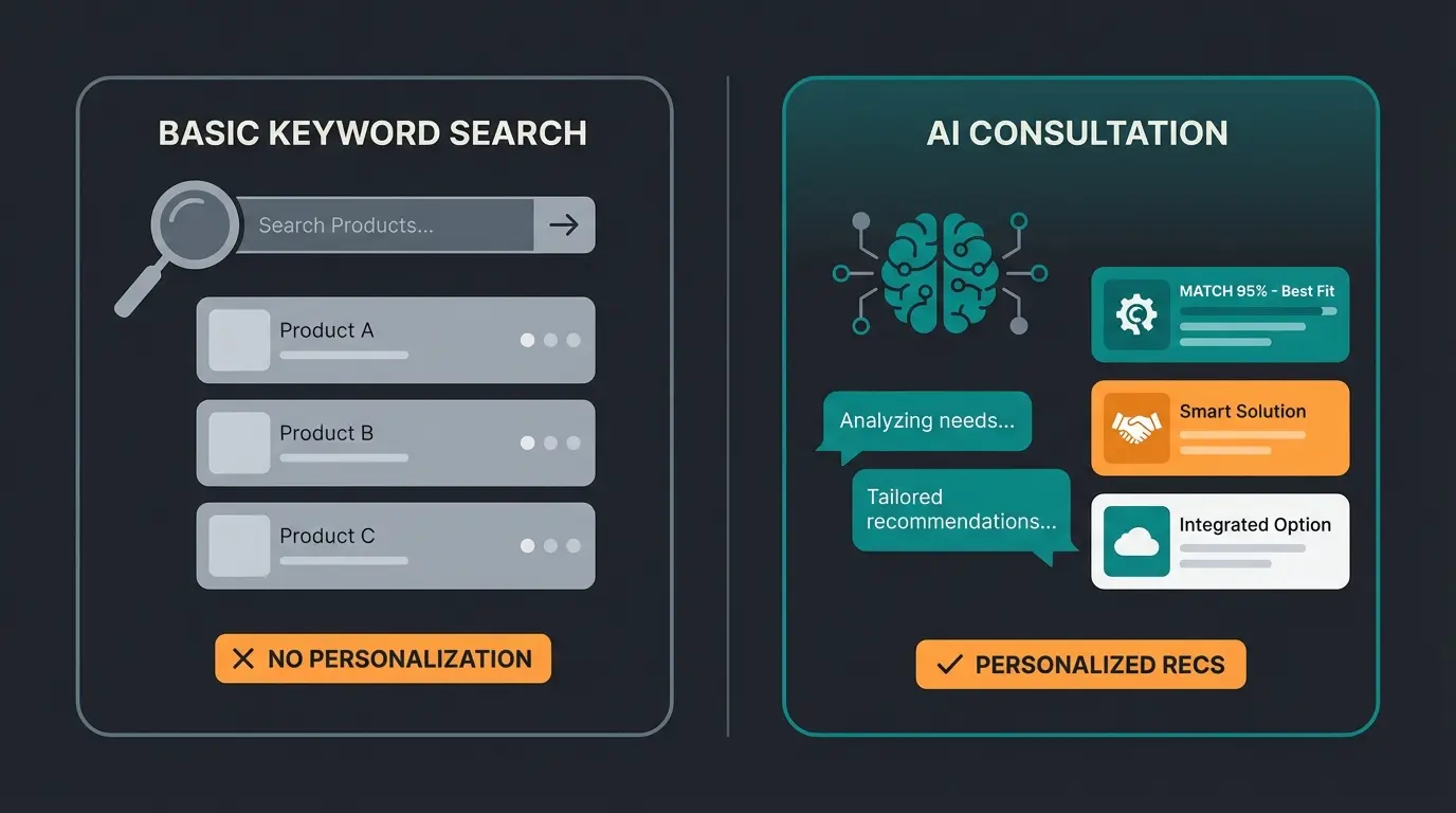 Comparison visualization of standard search versus AI consultation