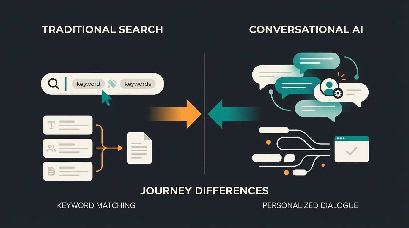 Comparison diagram showing Search functionality versus AI Consultation approach in e-commerce