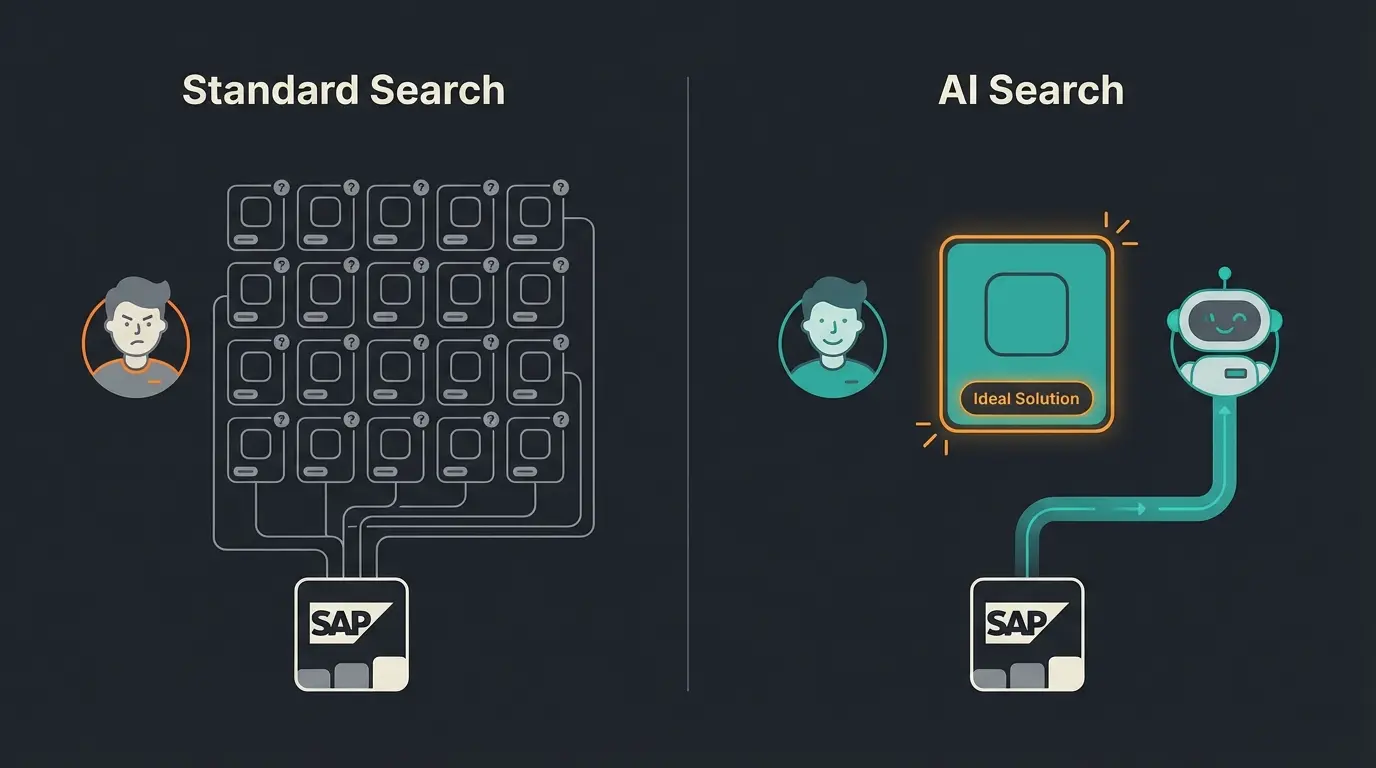 Comparison visualization between standard product search showing 20 results versus AI-powered search delivering one precise recommendation