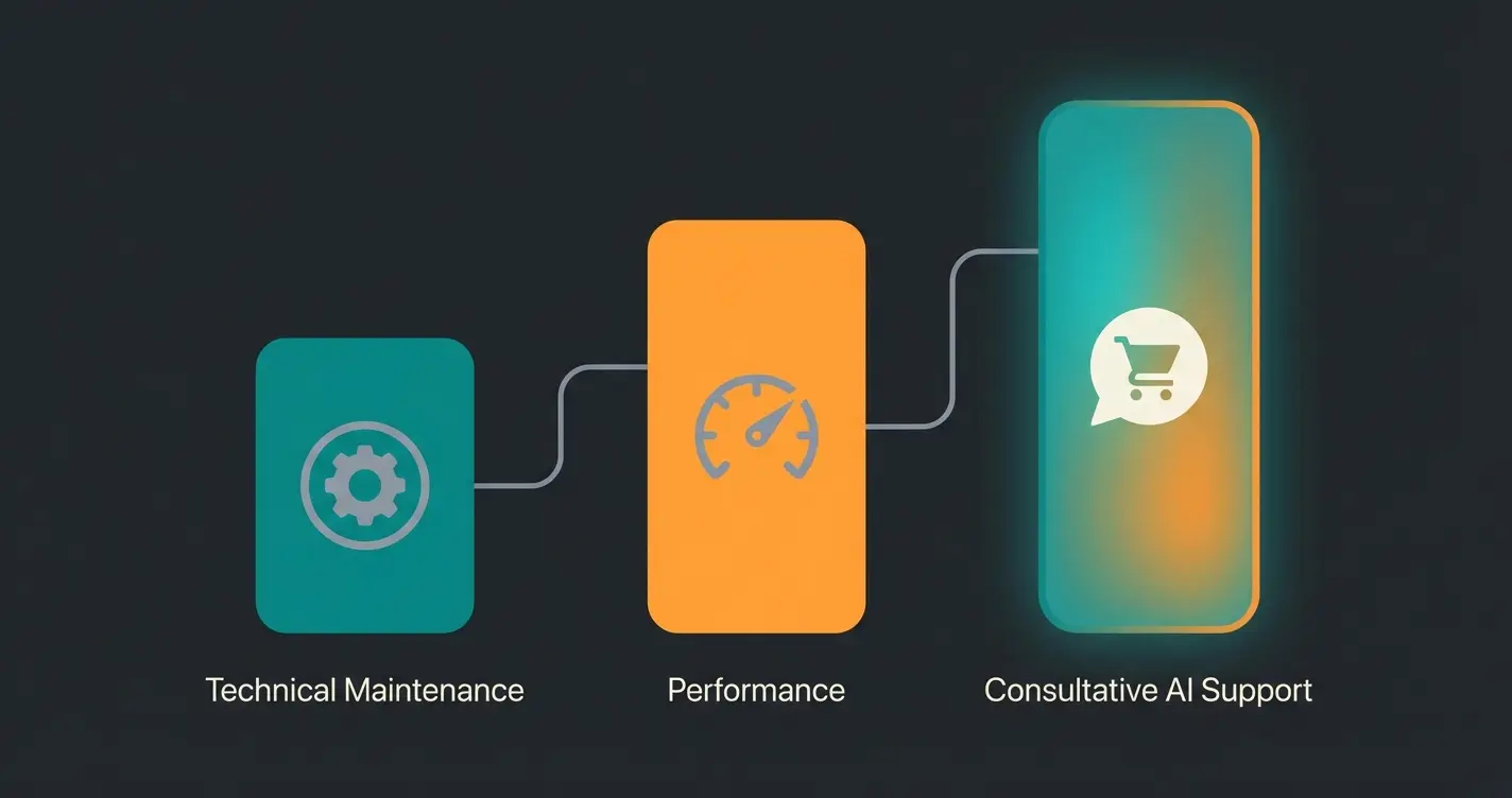 The three pillars of Shopware support showing technical care, performance optimization, and consultative care