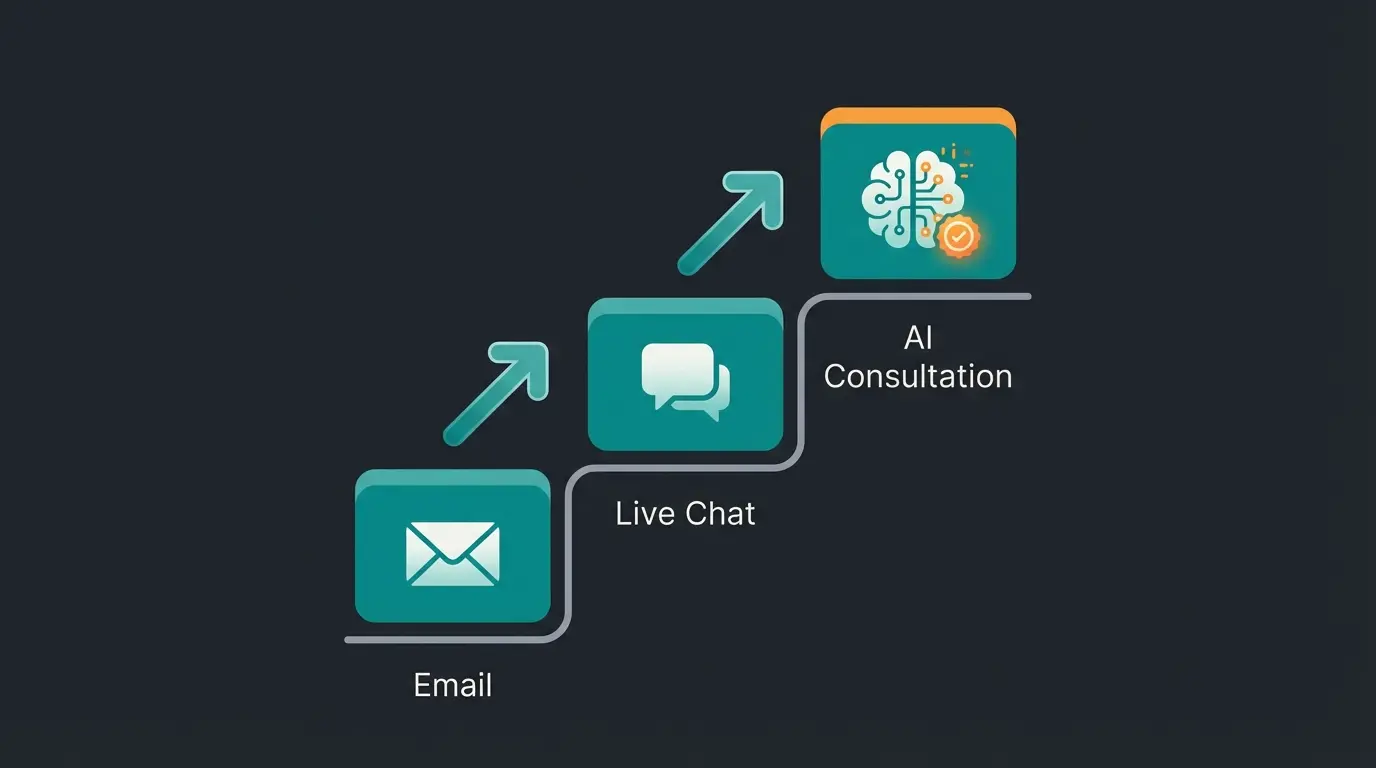 Infografik zeigt die Evolution des Chats von E-Mail über Live Chat zu KI-Produktberatung