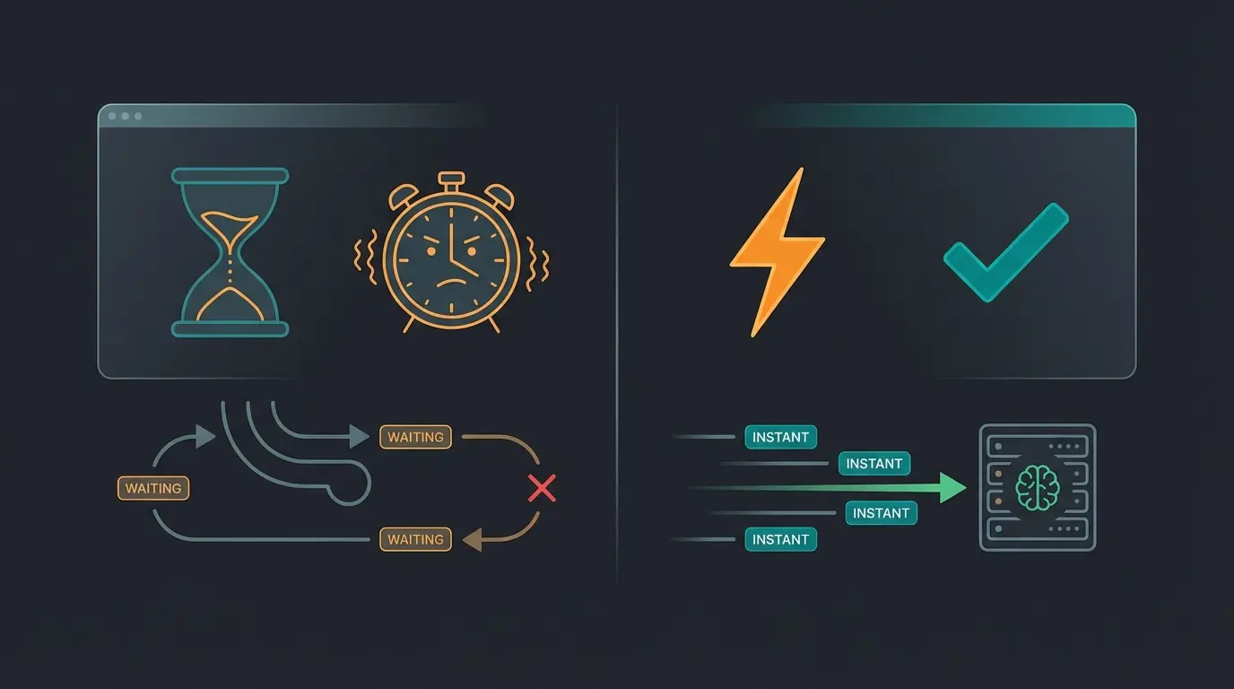 Side-by-side comparison showing traditional CRM search delay versus instant AI consultation response