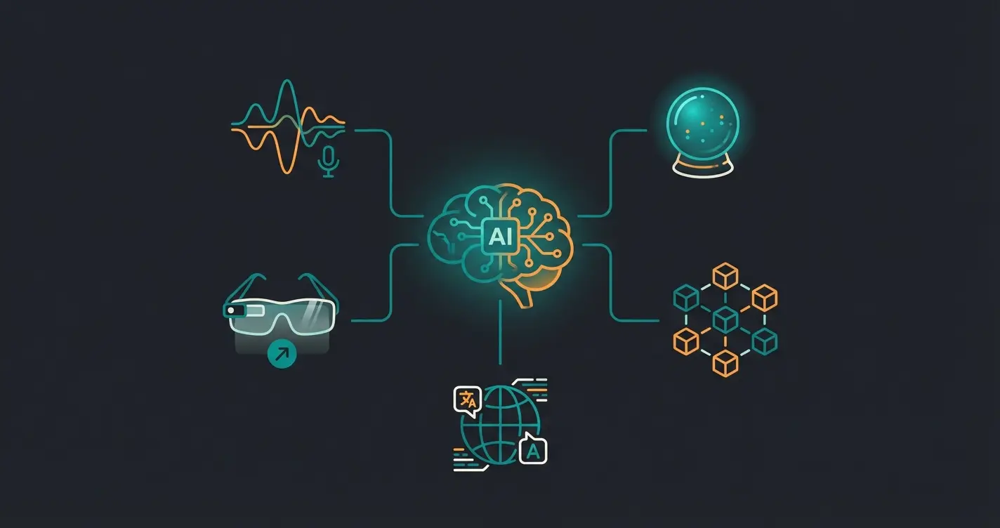 Futuristic visualization of AI chatbot capabilities including voice, AR, and predictive analytics