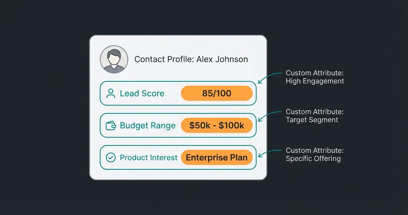Annotated Intercom contact card showing custom attributes for sales qualification