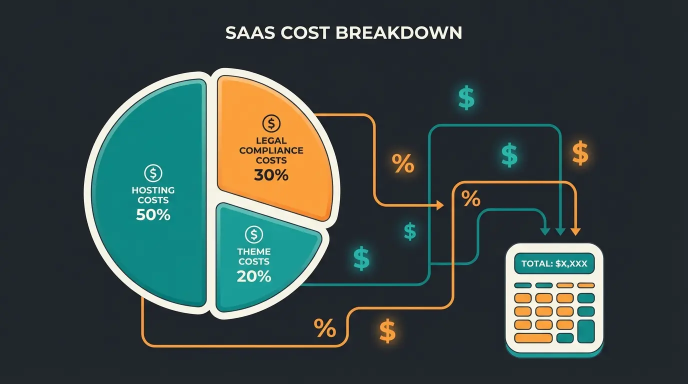 WooCommerce total cost of ownership infographic showing breakdown of hosting, legal, and plugin expenses