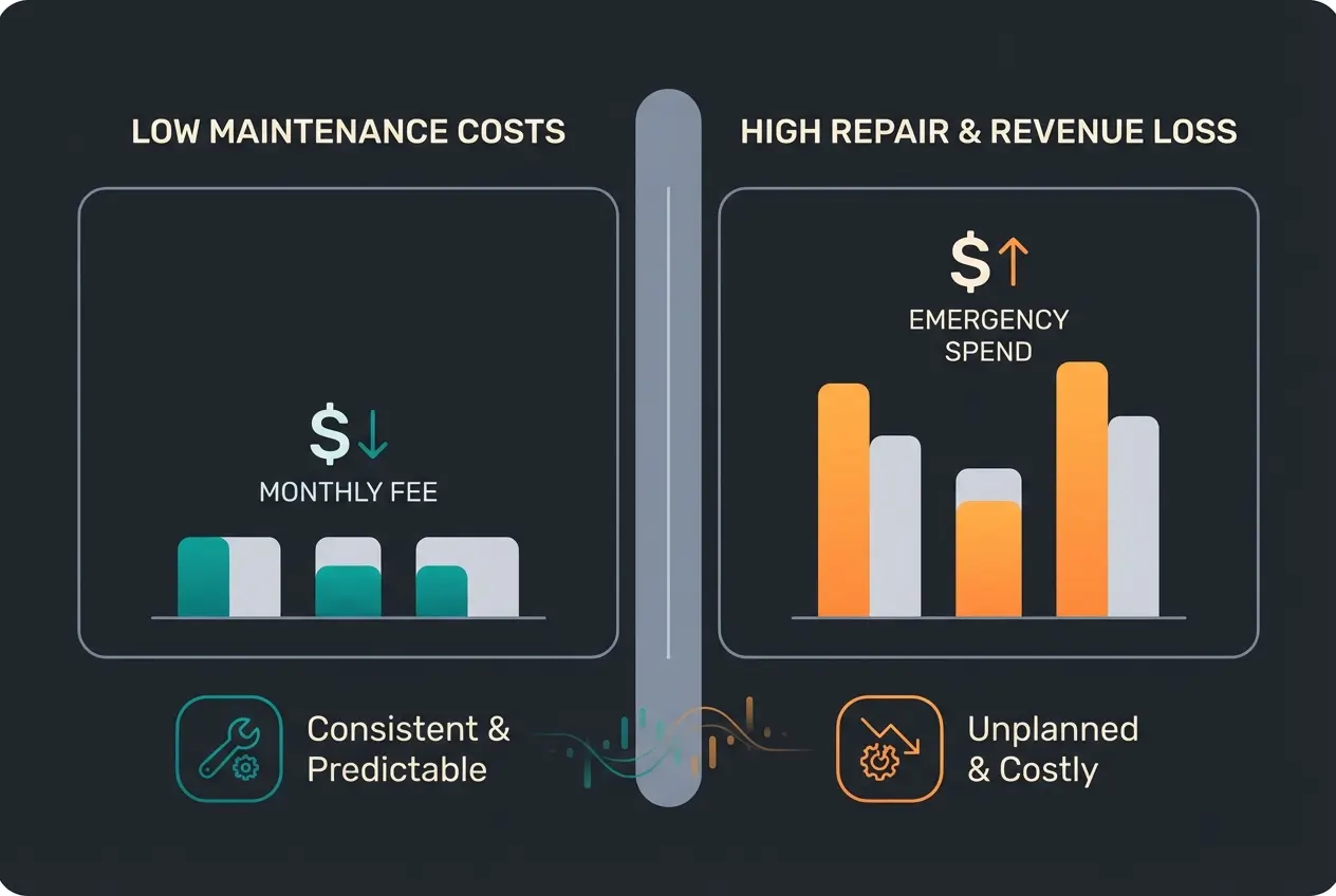 Comparison infographic showing maintenance costs versus downtime losses