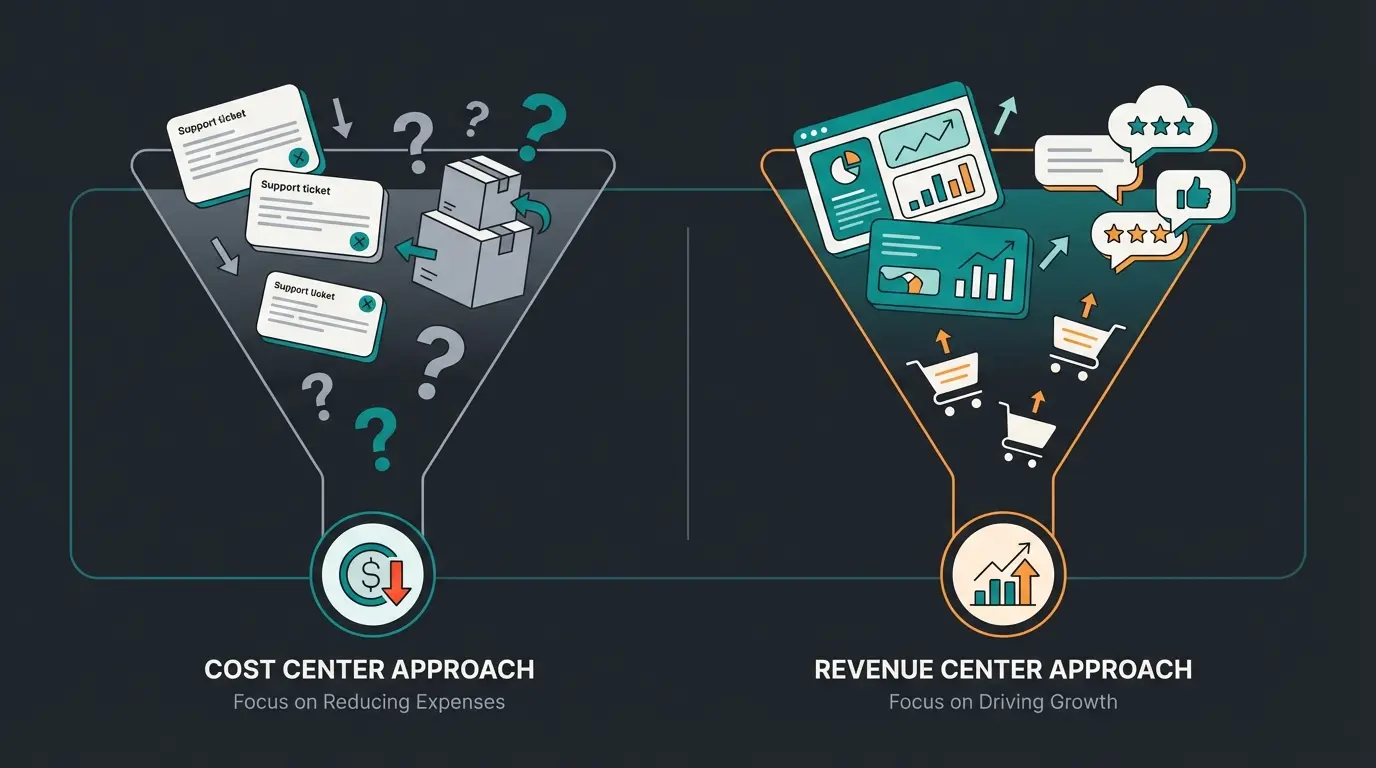 Infographic showing the support trap where traditional helpdesks focus on post-purchase problems while missing pre-purchase consultation opportunities