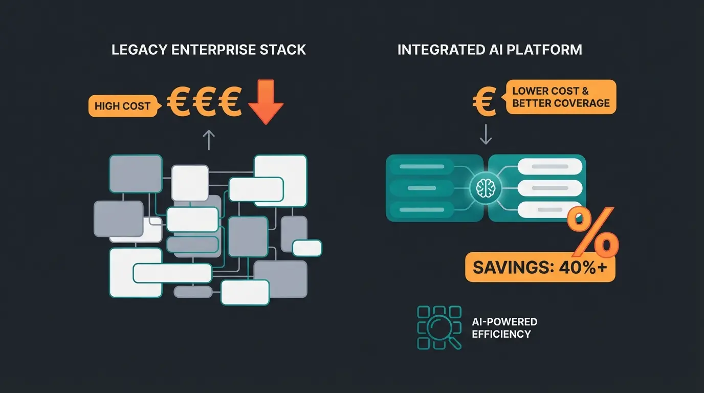 Cost comparison visualization showing Shopware Beyond versus Rise plus AI solution ROI