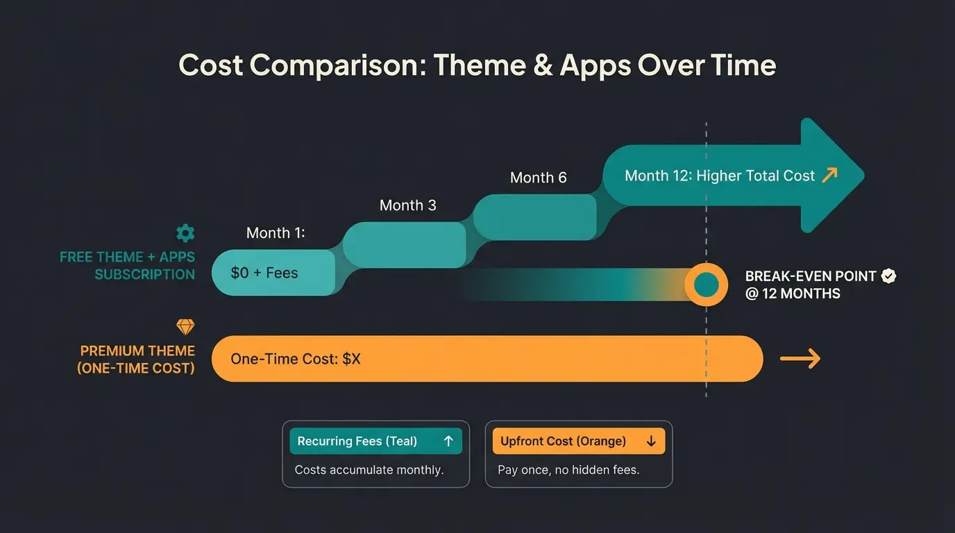 Kostenvergleich kostenlose vs. Premium Shopify Themes über 12 Monate