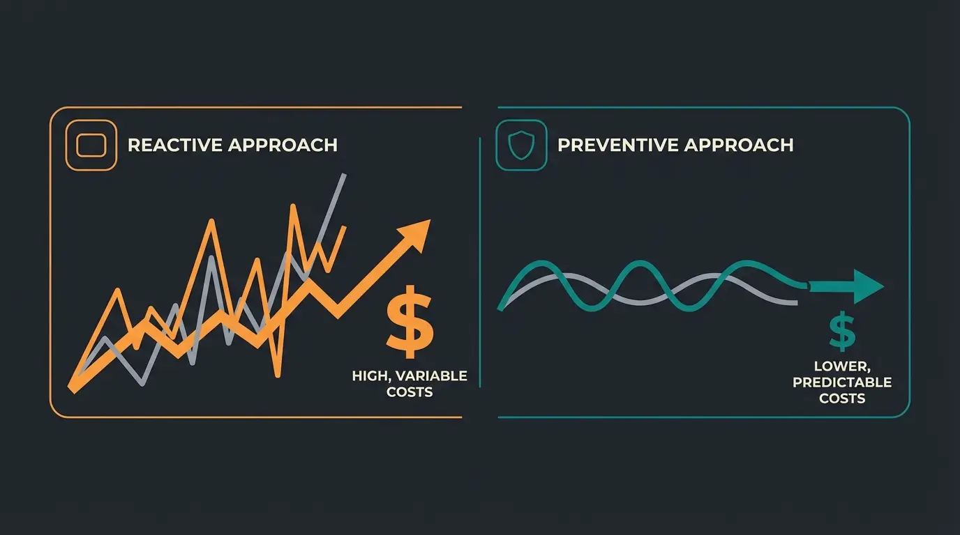 Cost comparison visualization between reactive and preventive maintenance approaches