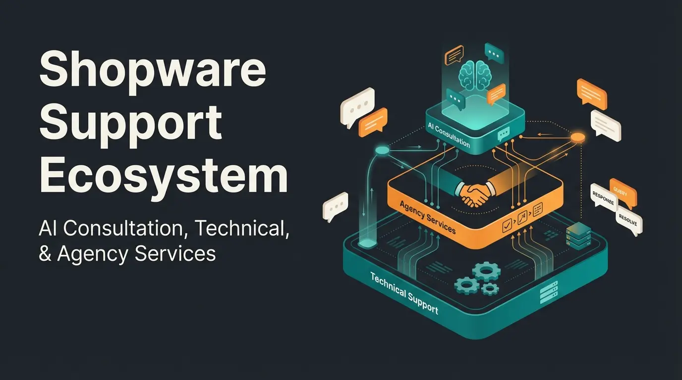 Shopware customer support ecosystem with AI consultation elements on dark background