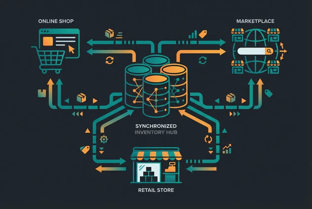 Diagram showing merchandise management system as single source of truth connecting multiple sales channels