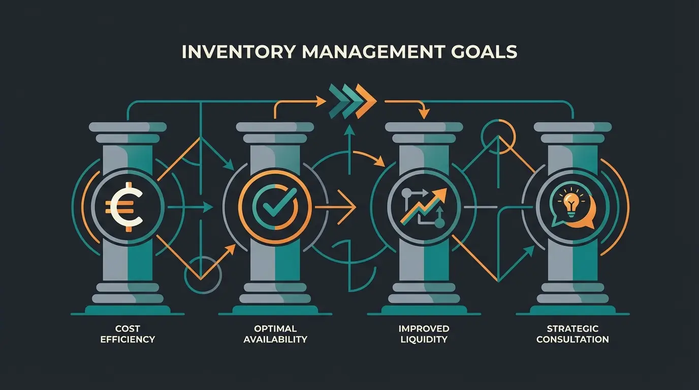 Infographic showing the four pillars of modern inventory management: costs, availability, liquidity, and consultation accuracy