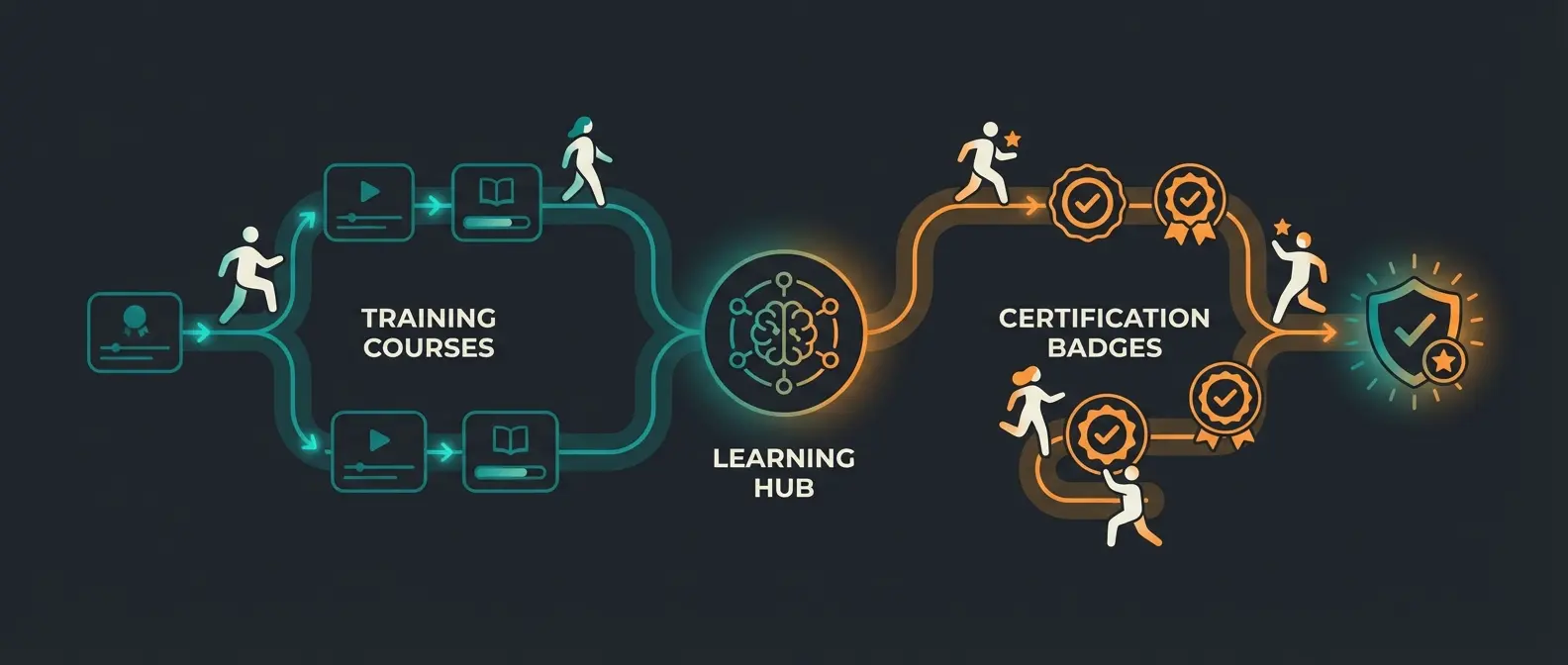 Illustration showing the two core areas of Shopware Academy: training courses and professional certifications