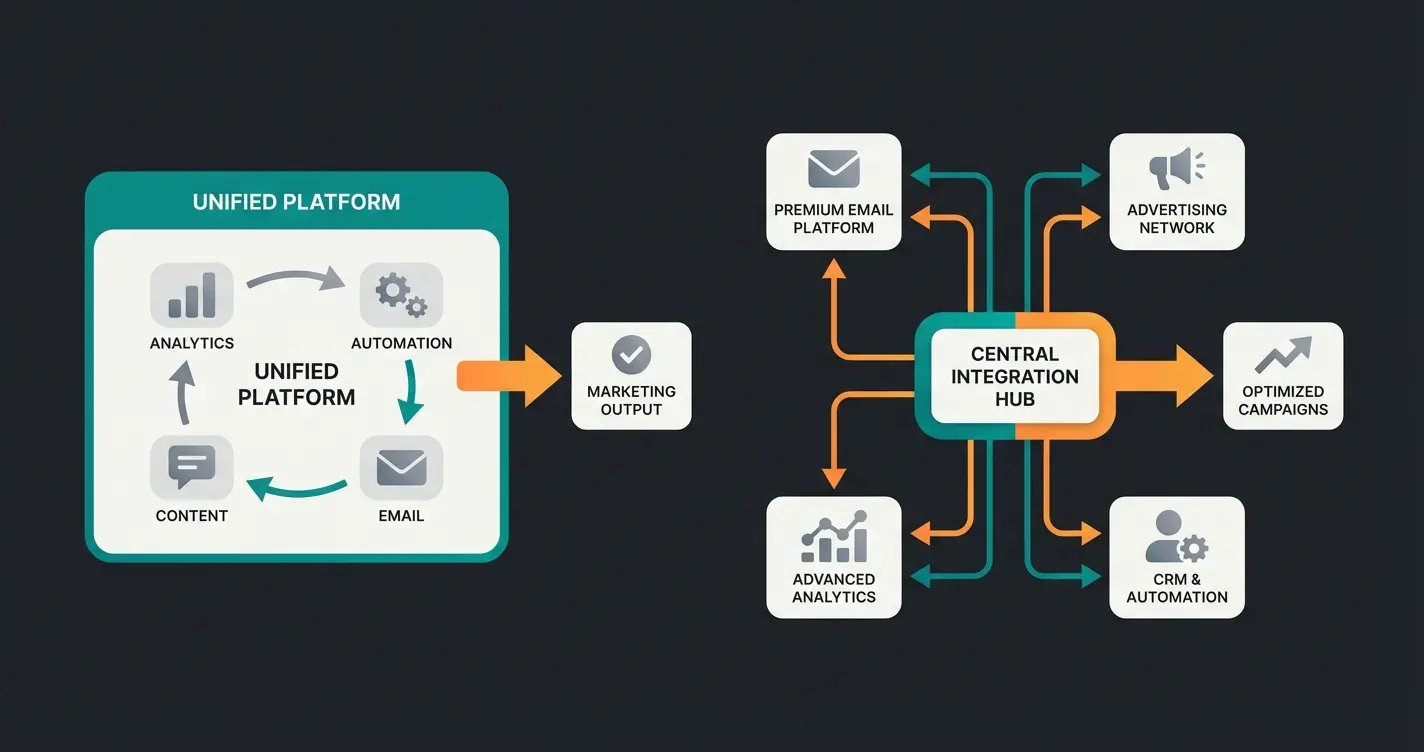 Marketing integration comparison showing Wix all-in-one approach versus Shopify best-of-breed connections
