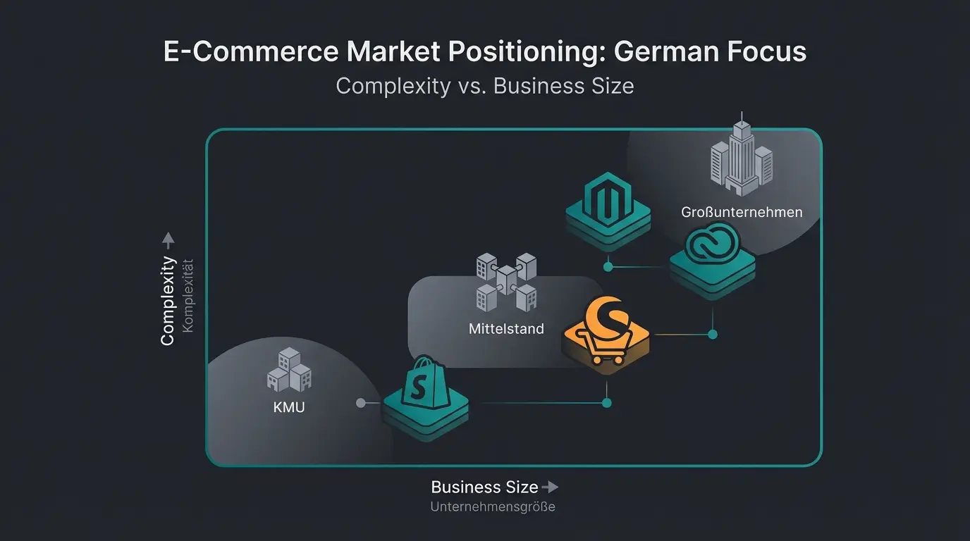 German e-commerce platform market share visualization showing Magento, Shopware, and Shopify positioning across enterprise and mid-market segments