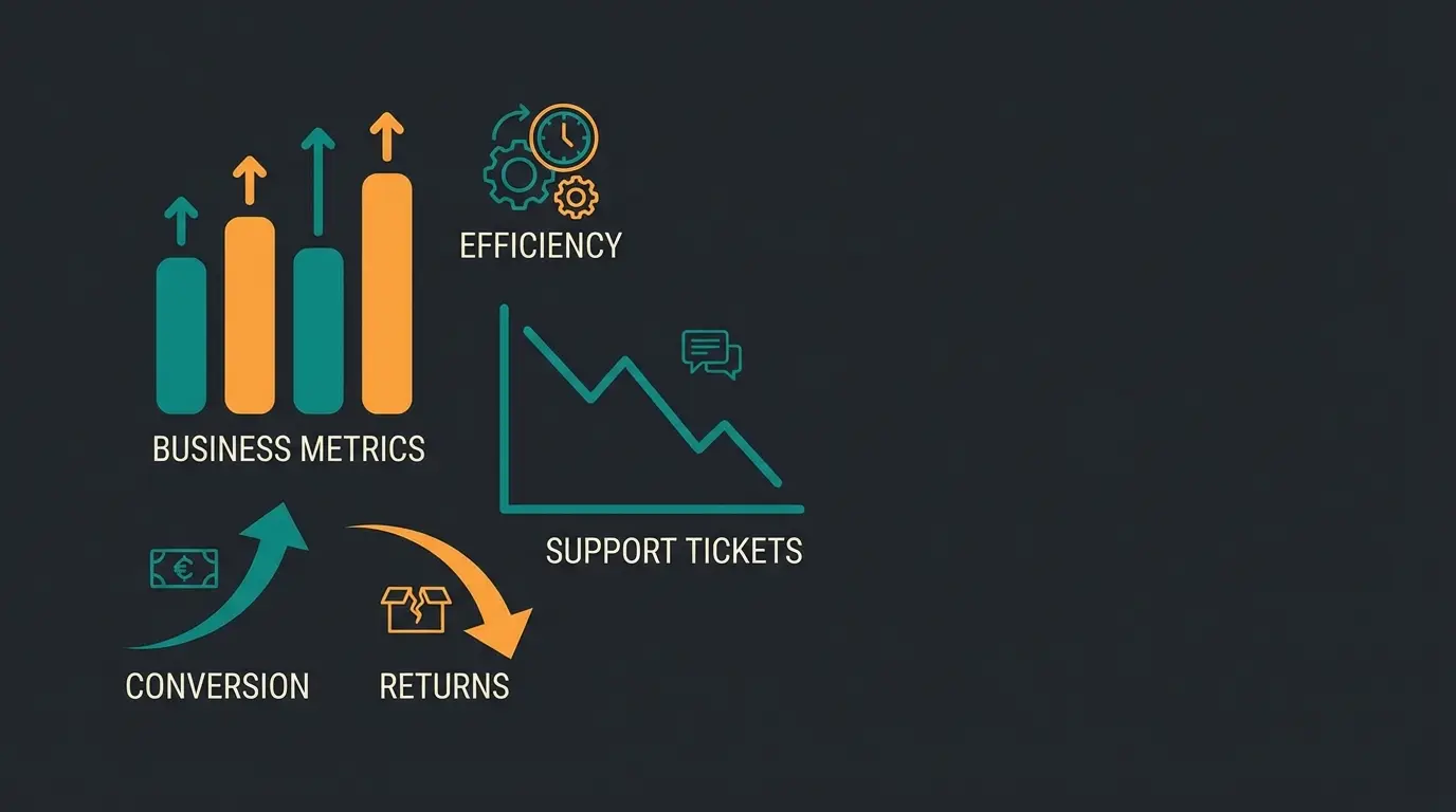 Business impact visualization showing conversion rate increase, return rate decrease, and support ticket reduction