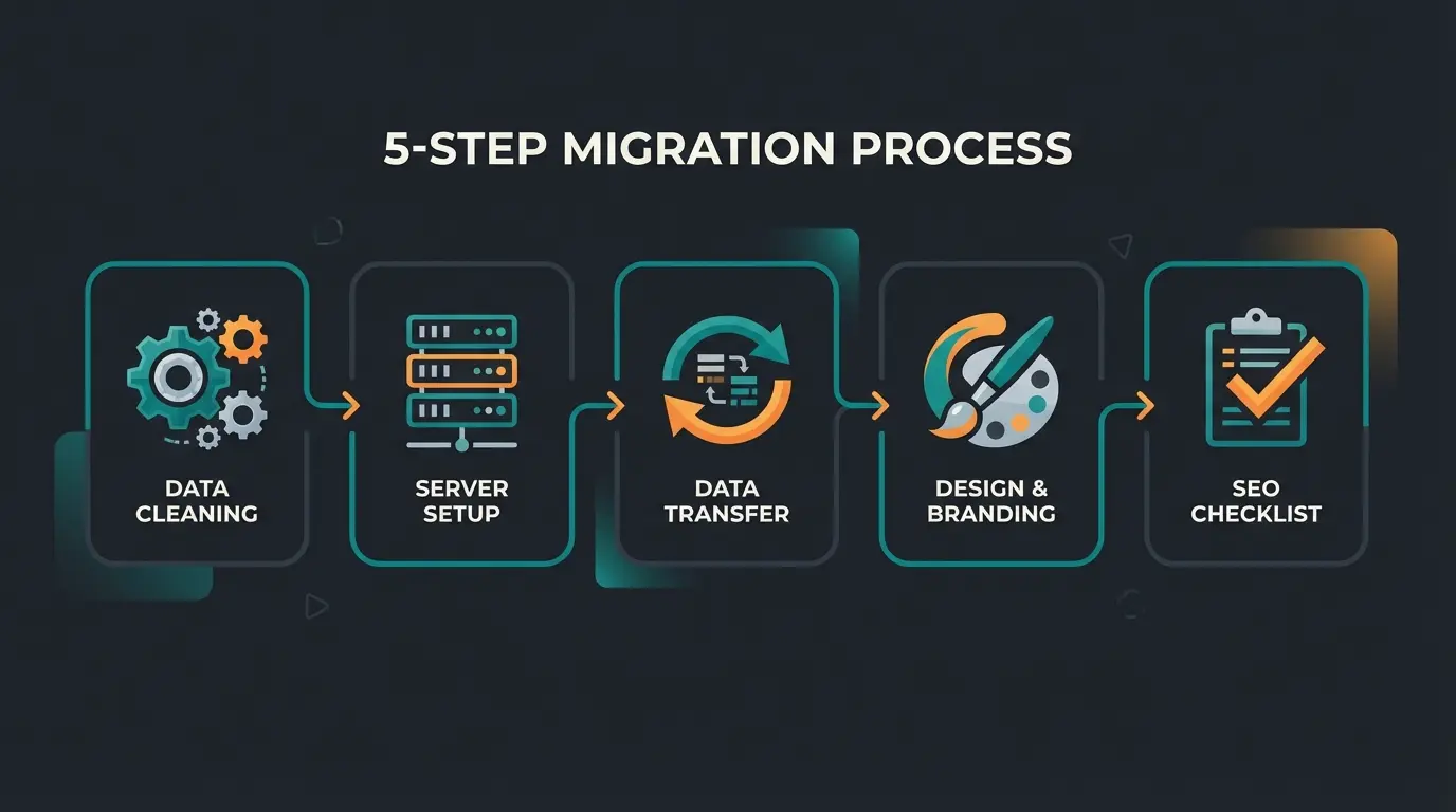 Visualisierung des 5-Schritte Migrationsplans von WooCommerce zu Shopware