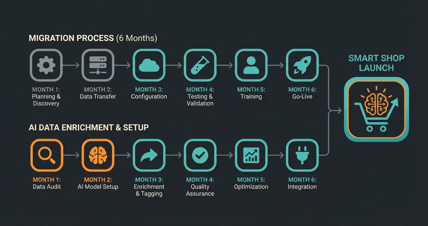 Timeline der Magento Migration mit paralleler KI-Integration