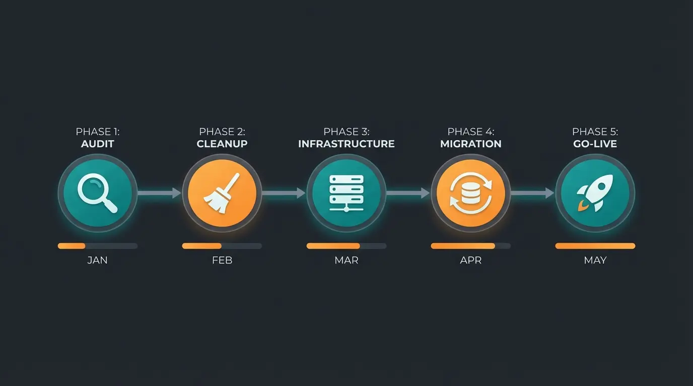Migration timeline showing the five phases from audit to go-live