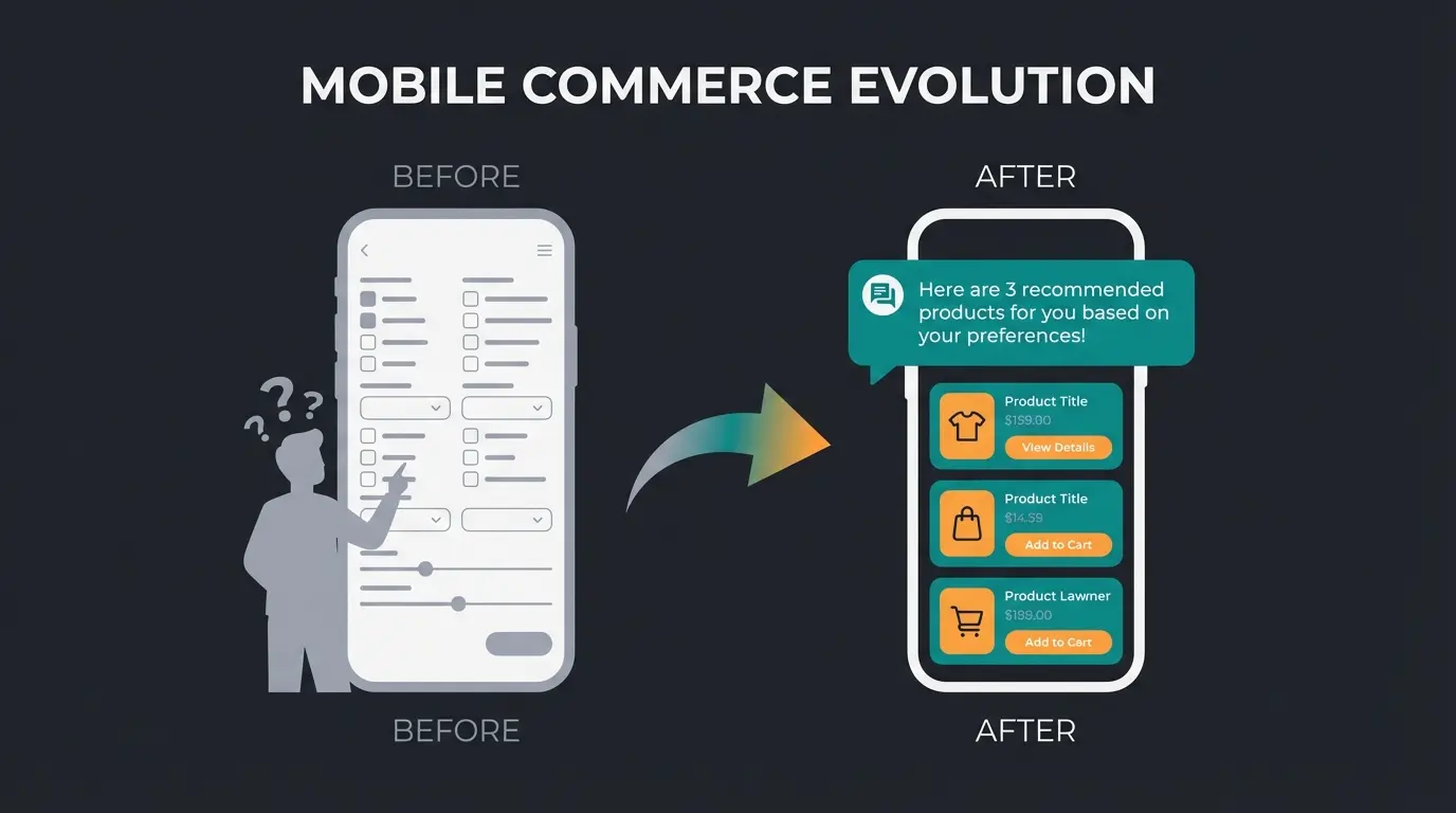 Visueller Vergleich zwischen überfordernder App-Suche und effizienter Chatbot-Beratung