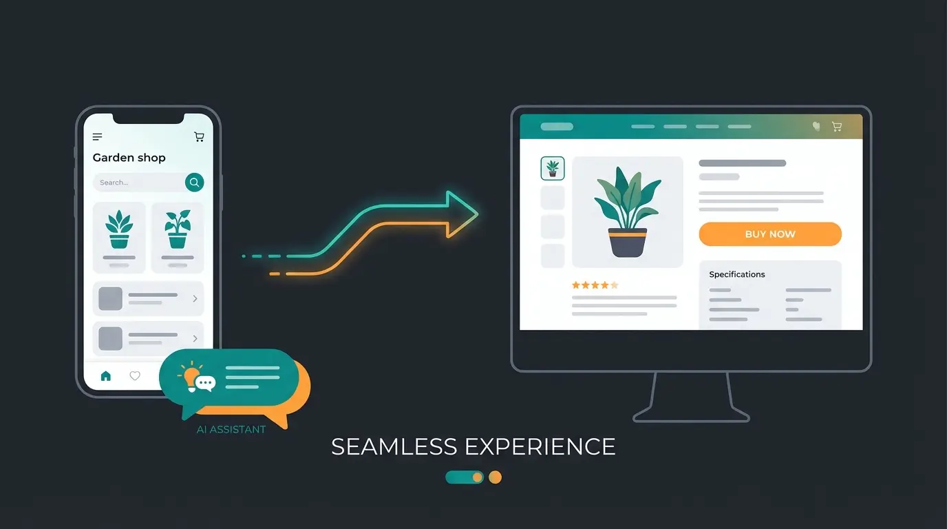 Mobile-first design for garden e-commerce showing responsive product pages with sticky cart buttons