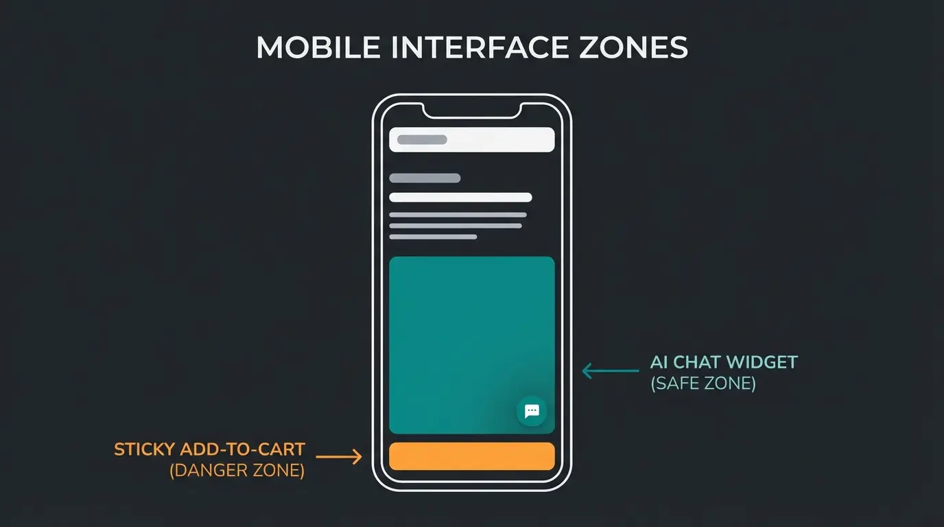 Infografik zeigt sichere und problematische Zonen für AI-Chat-Widgets auf mobilen Geräten