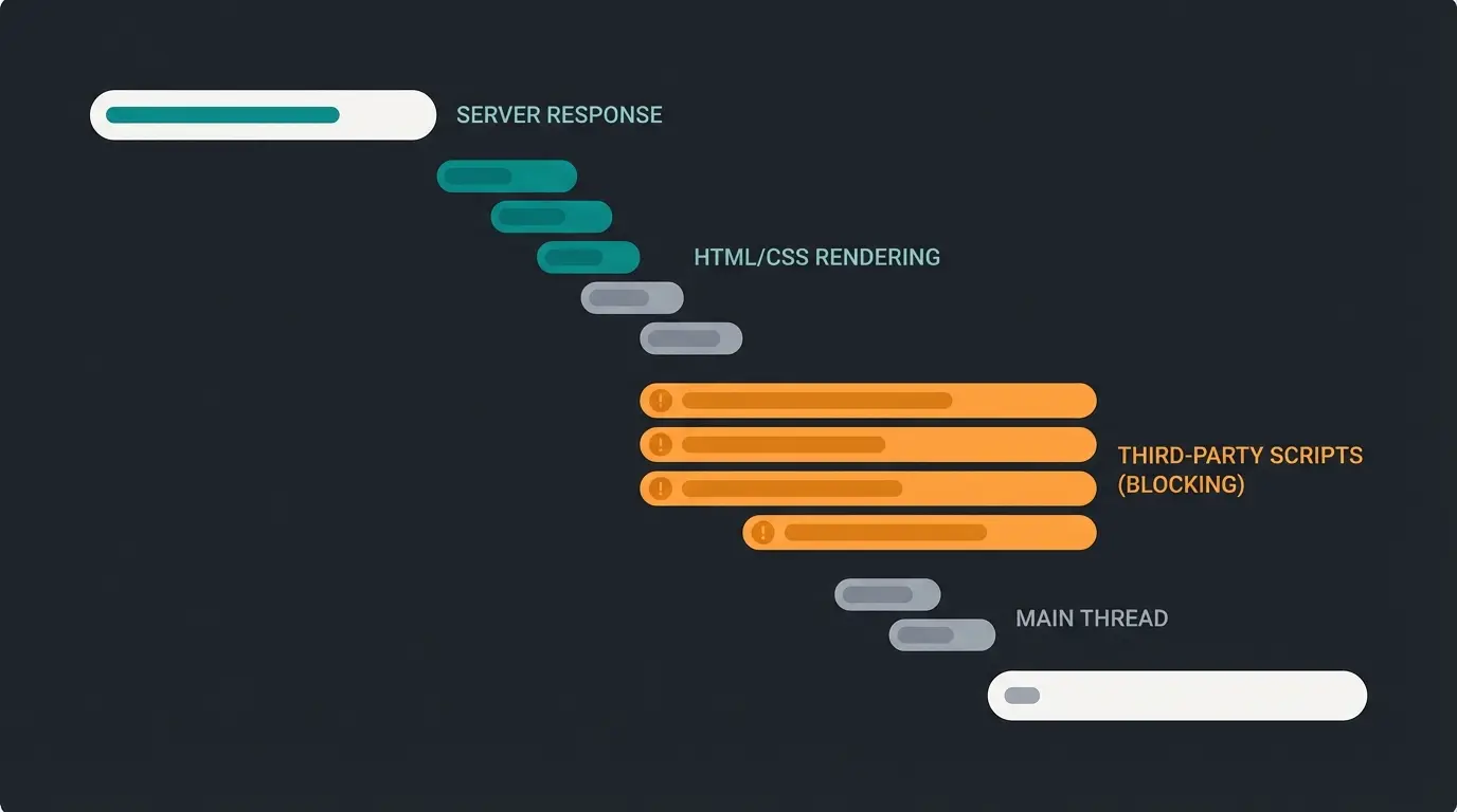 Waterfall diagram showing how third-party scripts impact page load time and Core Web Vitals