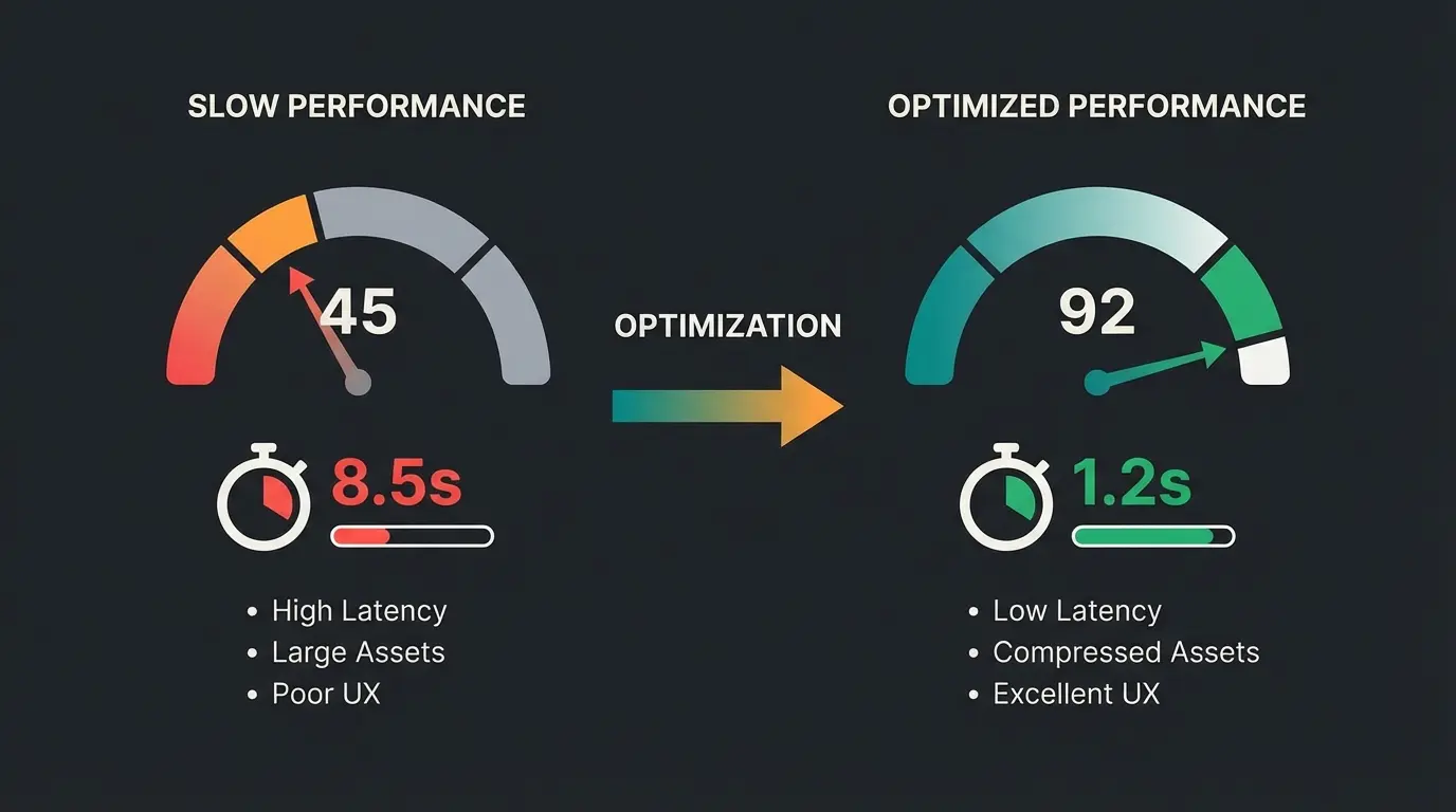 Before and after comparison showing Magento performance improvement with optimization techniques