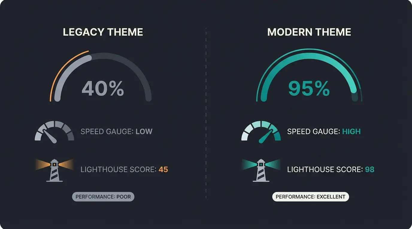 Hyvä theme performance comparison showing PageSpeed scores versus Luma