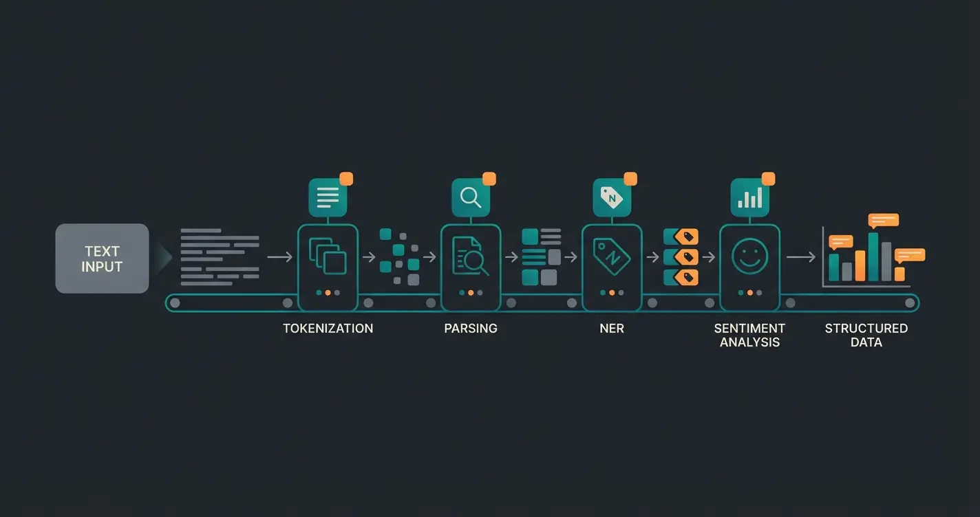 NLP processing pipeline showing text analysis stages for chatbot understanding