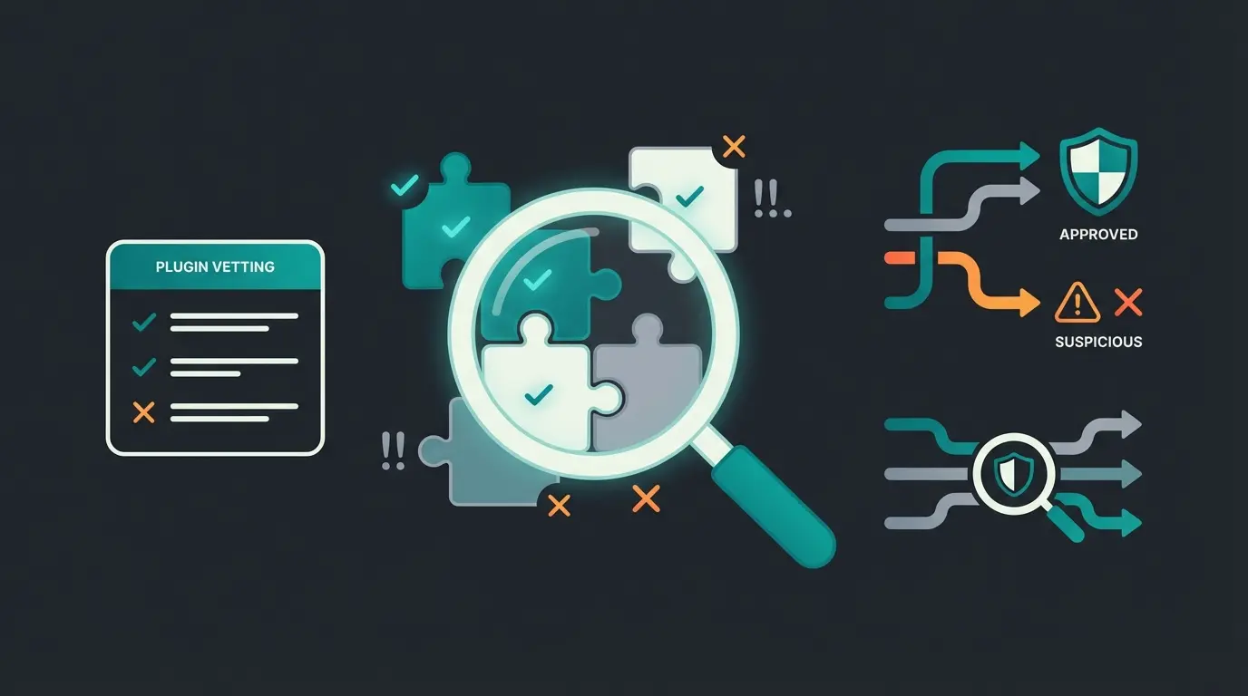 Plugin audit checklist showing data flow verification, DPA requirements, and external script detection