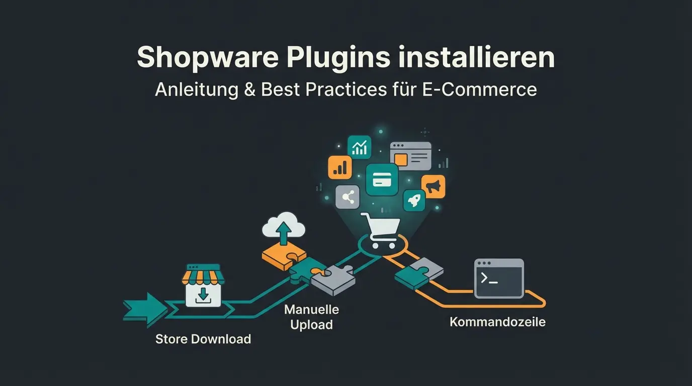 Shopware 6 Plugin Installation Prozess mit Store, Upload und CLI Methoden visualisiert