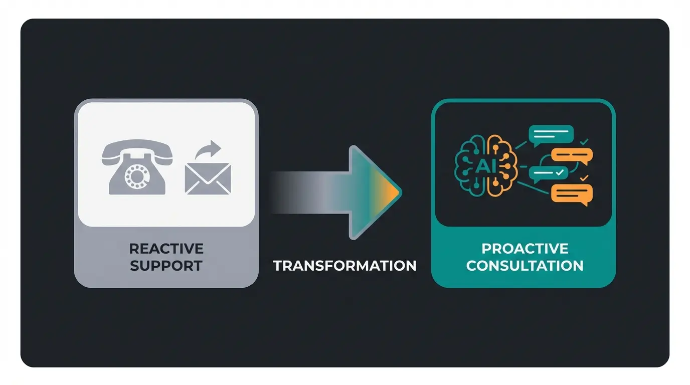 Comparison visualization showing traditional reactive support versus modern proactive AI consultation approach